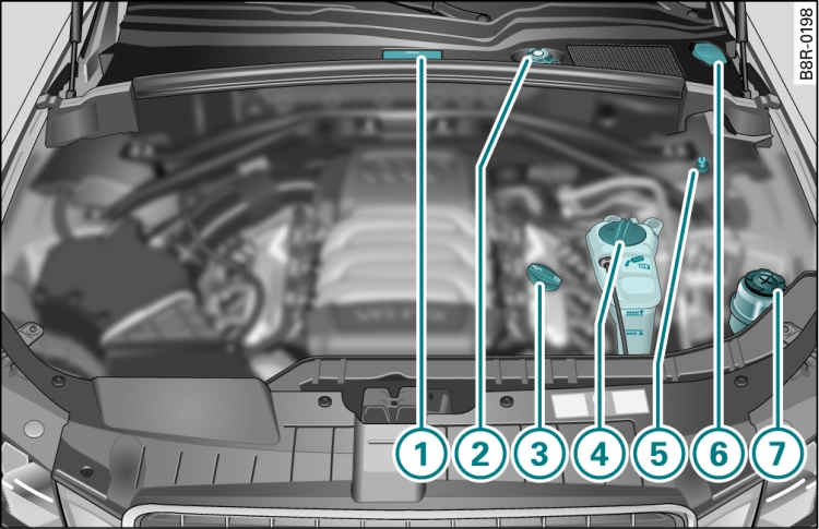 Typical locations of fluid containers and engine oil filler cap